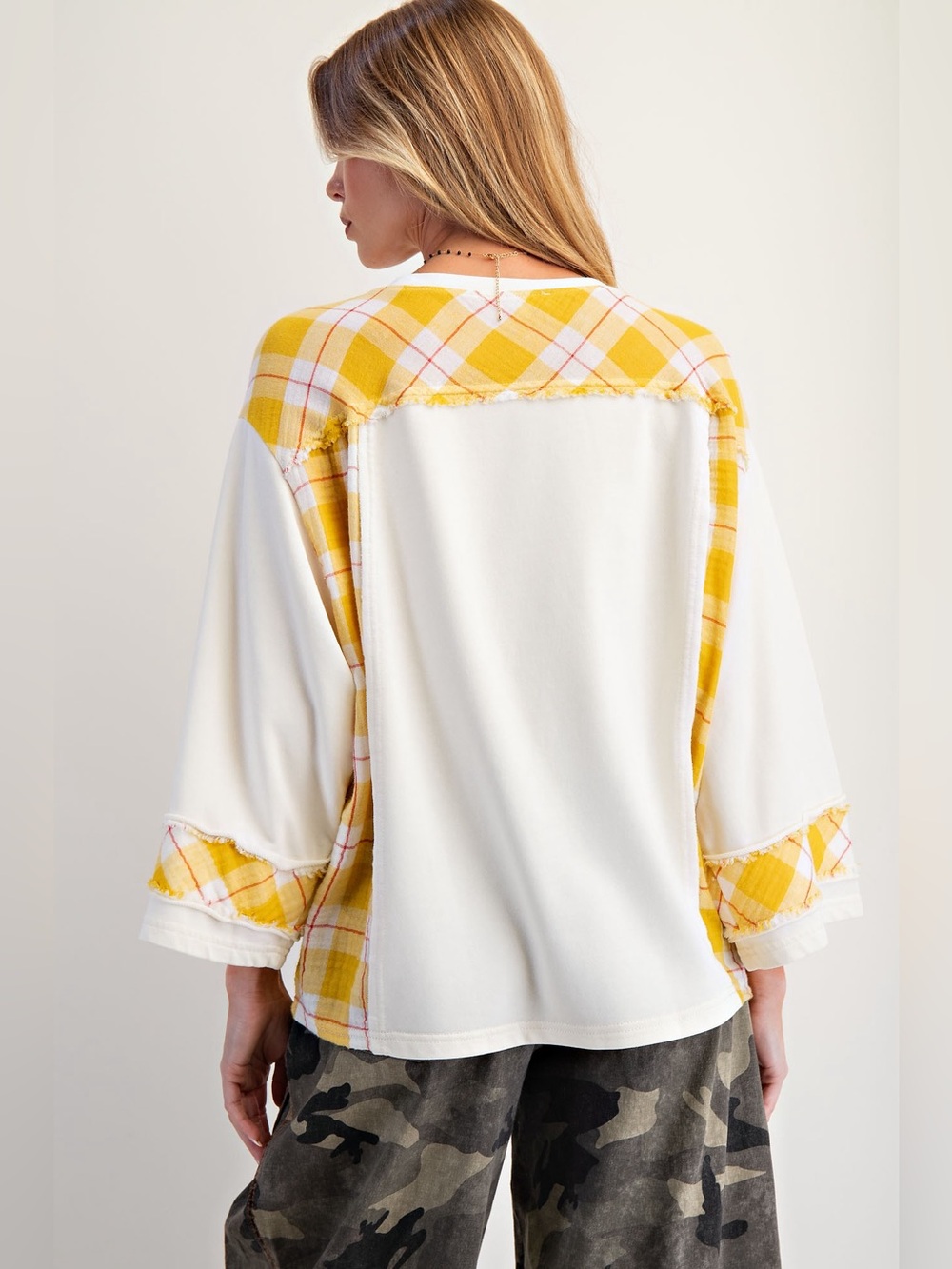 Easel Ivory Patch Plaid Peace Sign Top - Picture 2 of 3